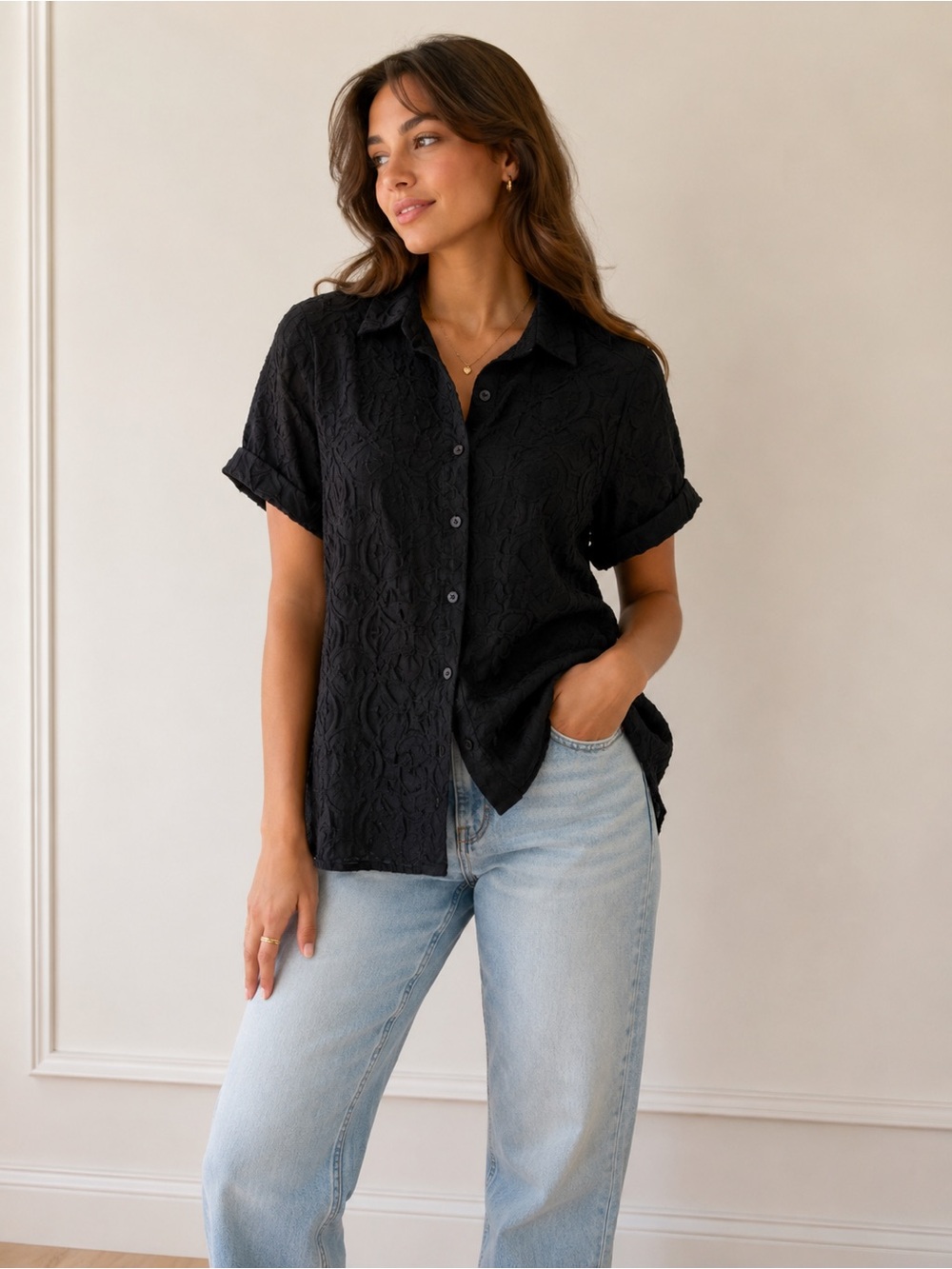 Foxcroft Black Short-Sleeve Textured Button-Front Shirt